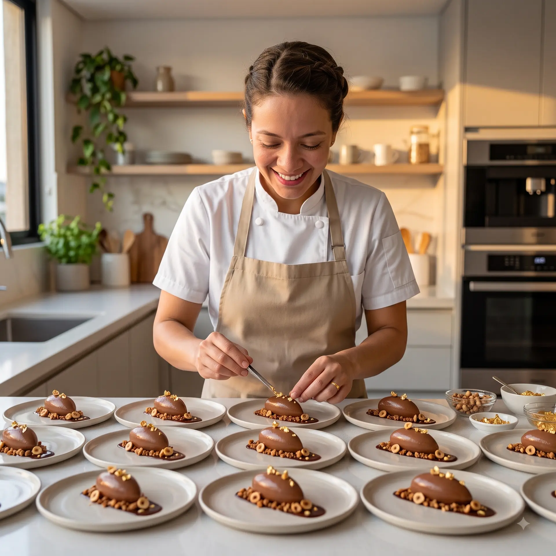 Chef Layla a finalizar sobremesas de chocolate numa cozinha privada