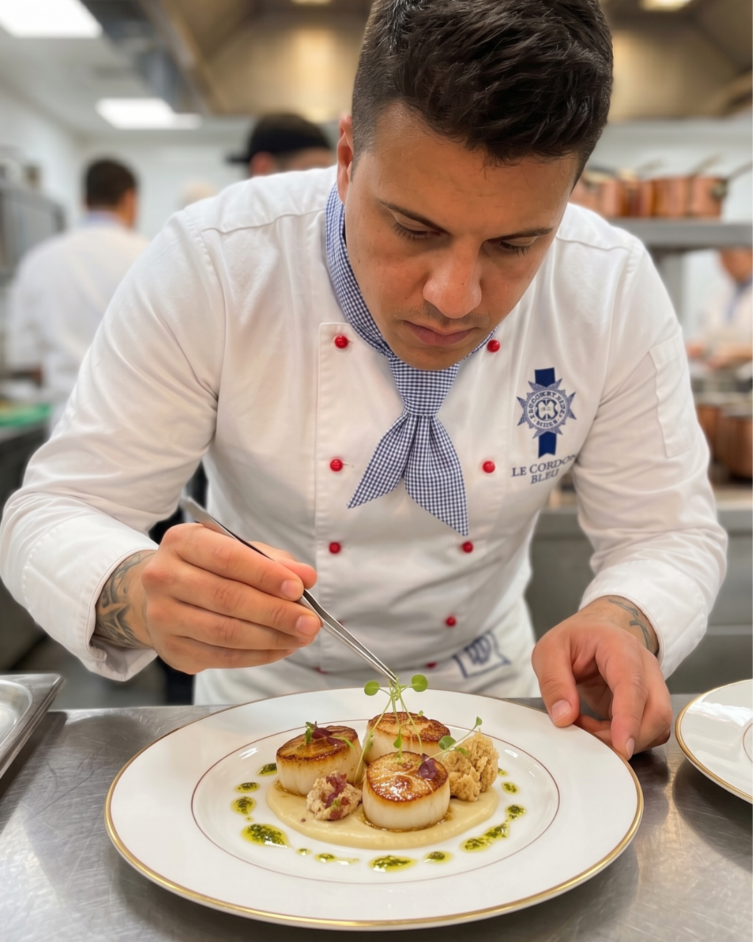 Chef Murilo a emplatar vieiras com pinça numa cozinha profissional