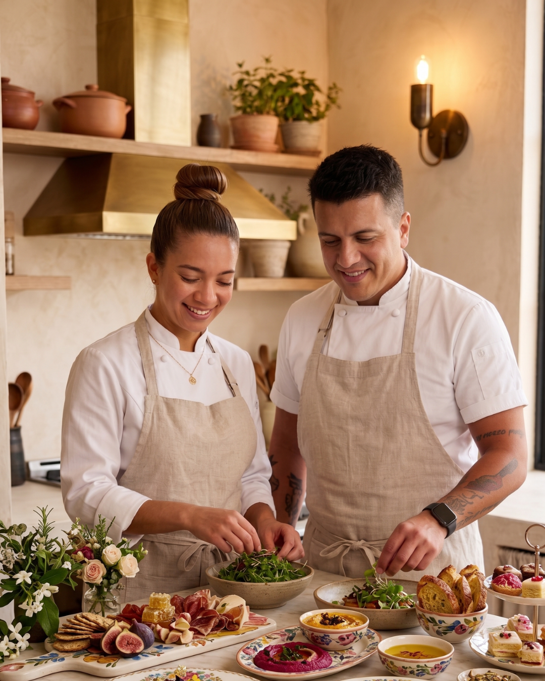 Murilo e Layla a finalizar uma mesa de entradas numa cozinha luminosa