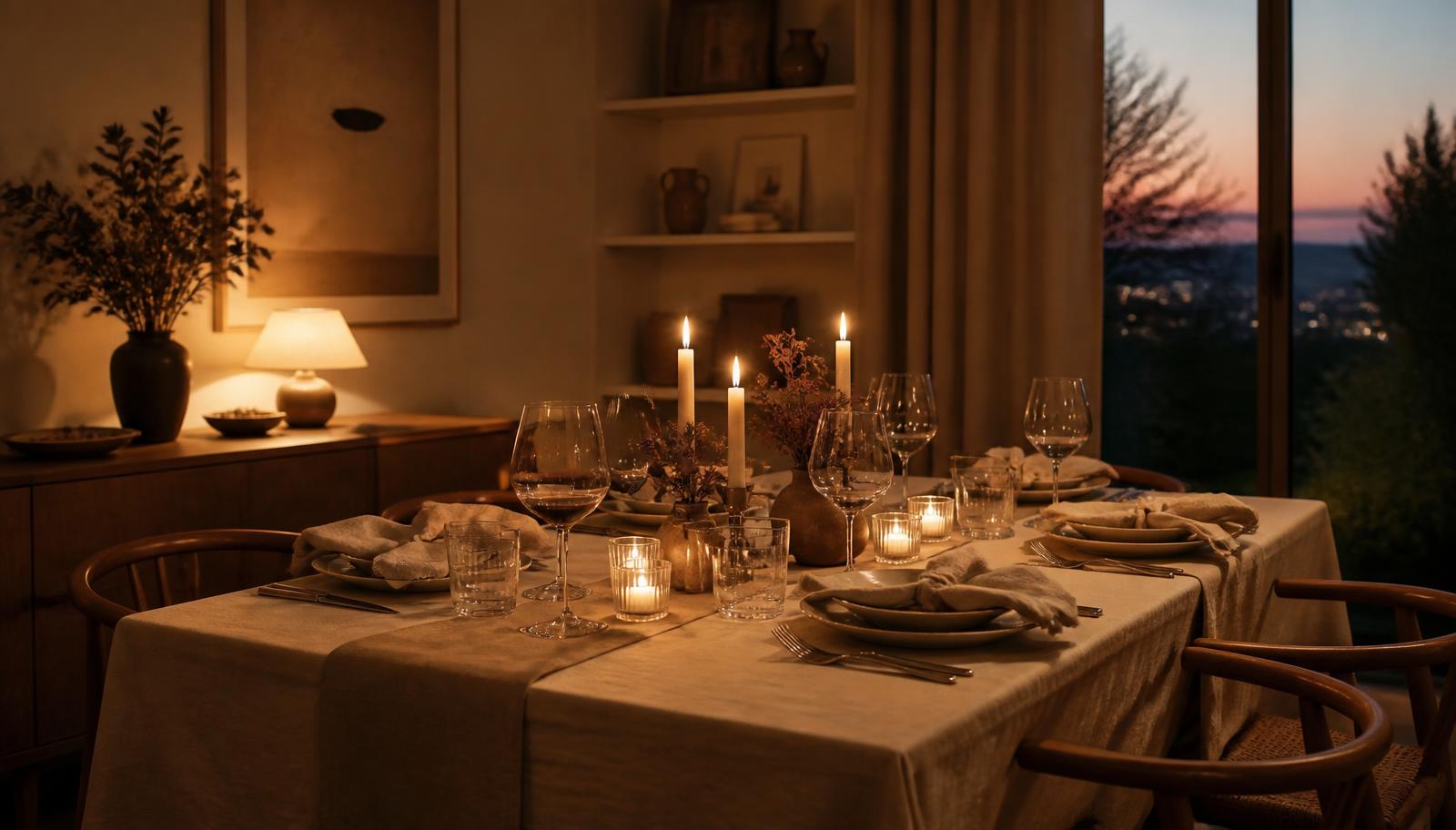 Mesa de jantar privada posta ao anoitecer, iluminada por velas