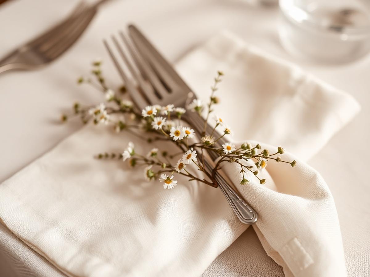 Detalhe de mesa posta com guardanapo de linho e flores